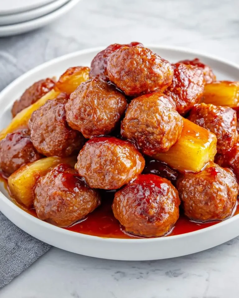 A close-up of a white plate piled high with sweet and savory Slow Cooker Meatball Pineapple Smokies, glistening in a rich sauce.