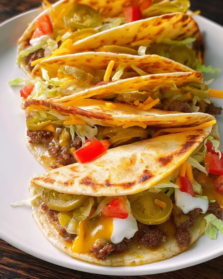 Close-up of a plate filled with delicious Smash burger tacos topped with melted cheese, lettuce, tomatoes, and jalapeños.