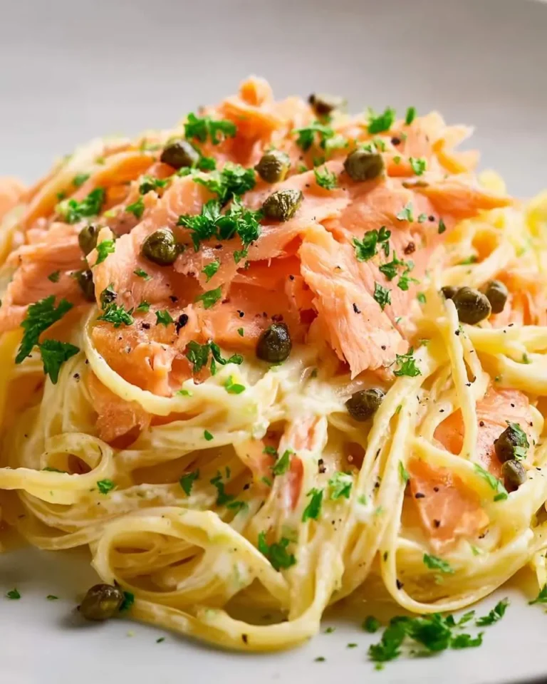 A close-up of creamy Smoked Salmon Linguine topped with fresh parsley and briny capers on a white plate.
