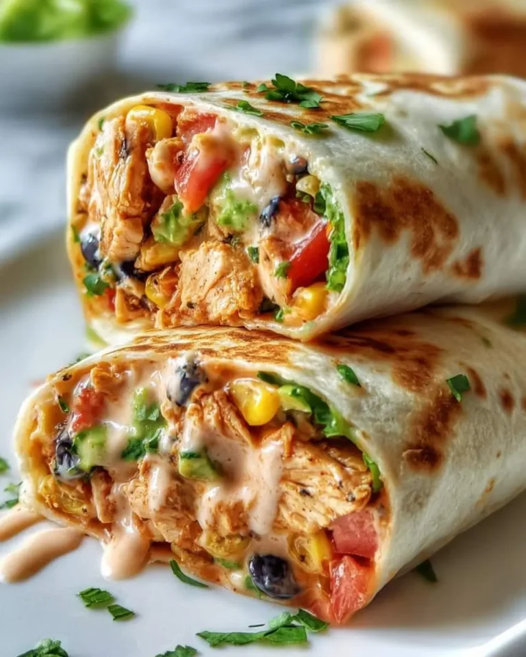 Close-up of two stacked, halved Southwest chicken wraps overflowing with chicken, corn, black beans, avocado, and a creamy sauce.