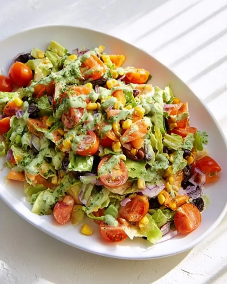 A vibrant Southwestern chopped salad with lettuce, tomatoes, corn, black beans, and avocado, drizzled with a creamy green dressing.