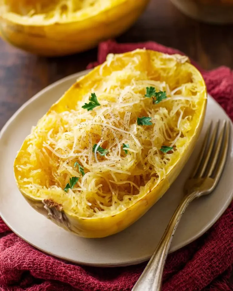 A cooked spaghetti squash half on a plate, topped with grated Parmesan cheese, black pepper, and fresh parsley, ready to eat.