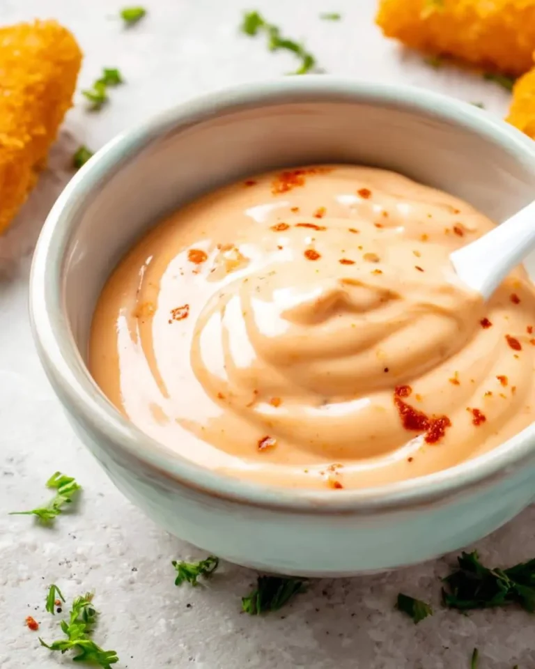 A light blue bowl holds creamy orange spicy mayo sauce with red specks, a white spoon, and blurred fried items in the background.
