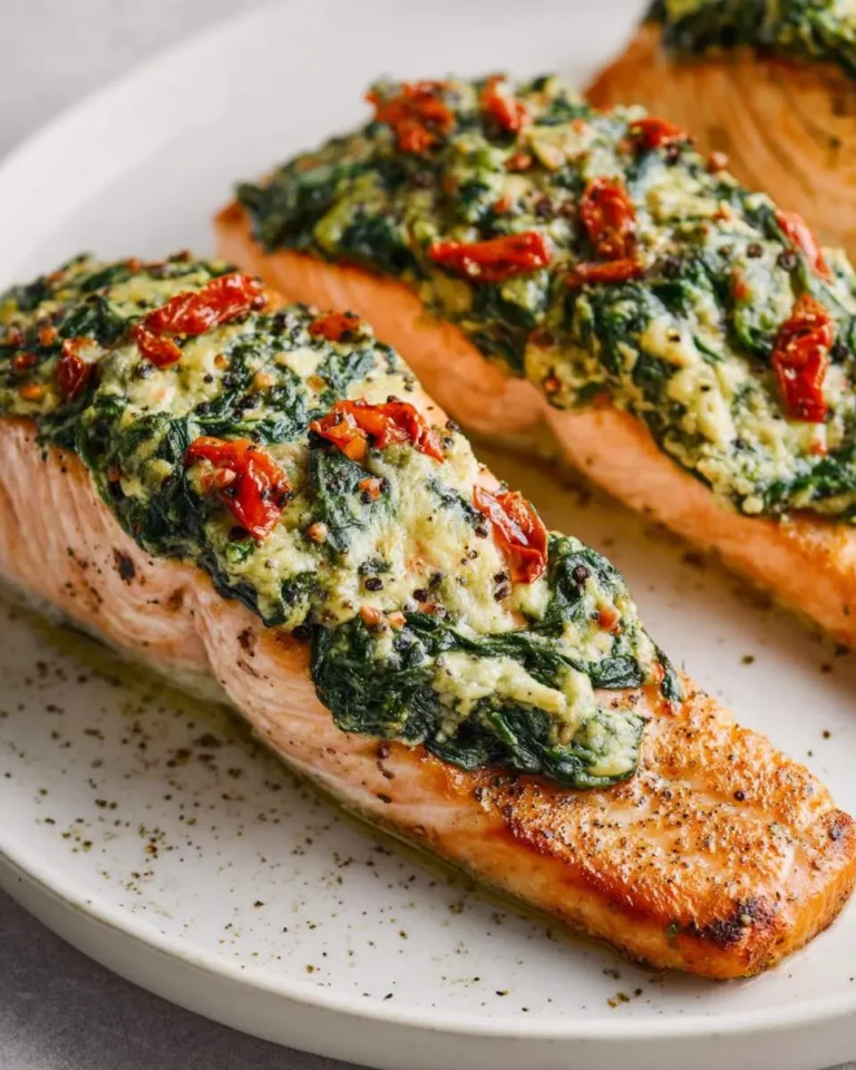Two beautifully cooked fillets of Spinach Stuffed Salmon on a white plate, generously topped with creamy spinach and sun-dried tomatoes.