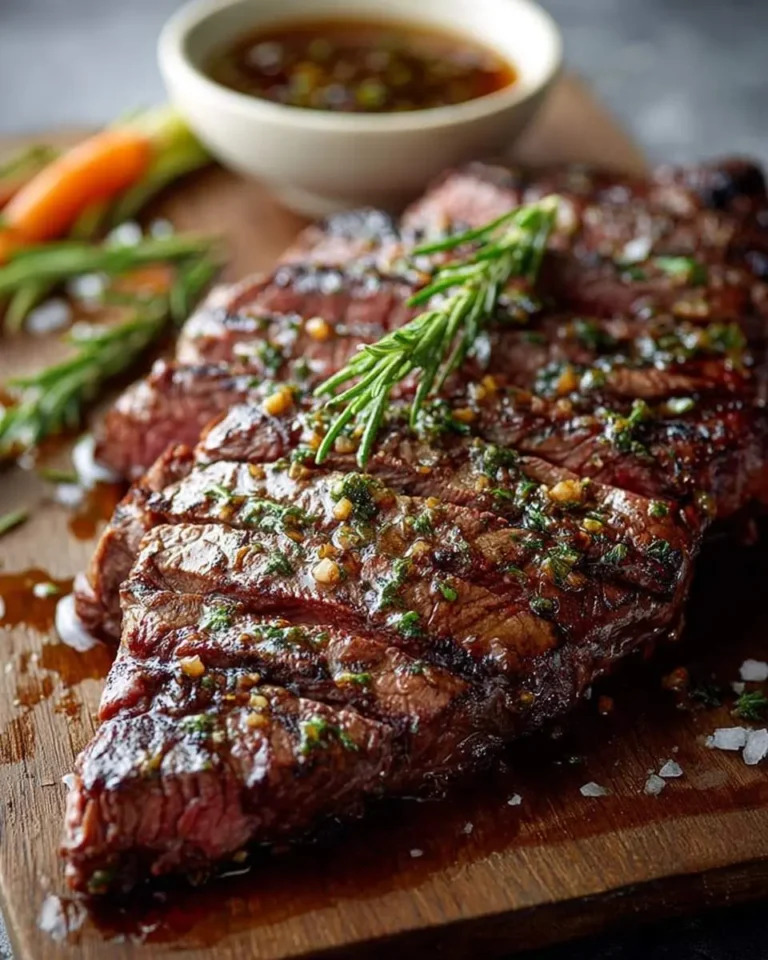 Grilled steak topped with fresh rosemary and garlic steak marinade on a wooden cutting board.