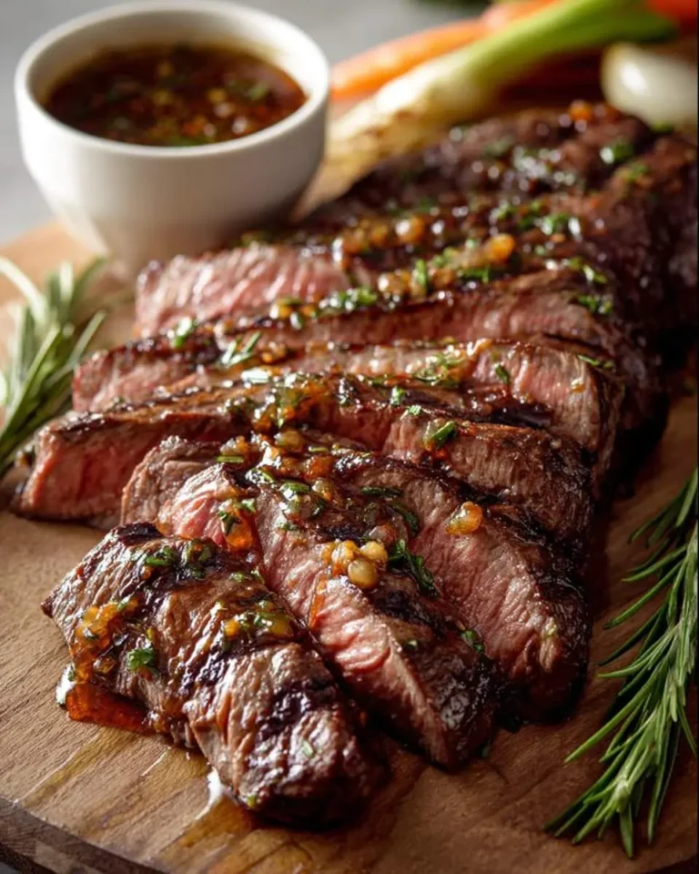 Sliced grilled steak on a wooden board, glistening with a savory steak marinade and fresh herbs, with a bowl of sauce in the background.