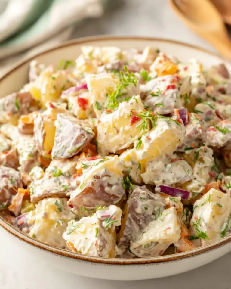 A close-up shot of a creamy Steakhouse Potato Salad in a rustic bowl, garnished with fresh dill and red onion.