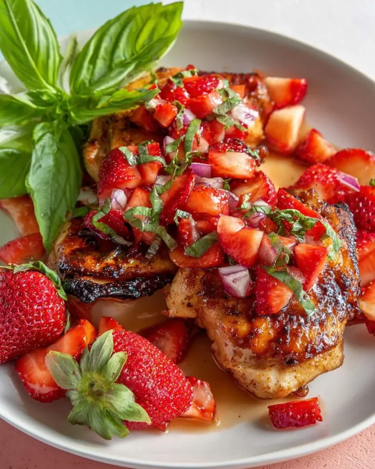 Grilled Strawberry Basil Chicken topped with fresh strawberry, basil, and red onion salsa, garnished with whole strawberries and basil leaves.