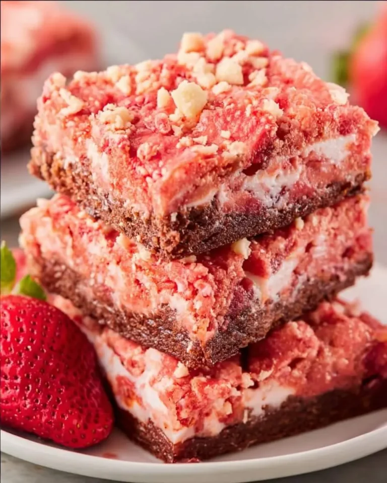 A stack of three delicious Strawberry Brownies with a crumbly topping and a fresh strawberry on the side.