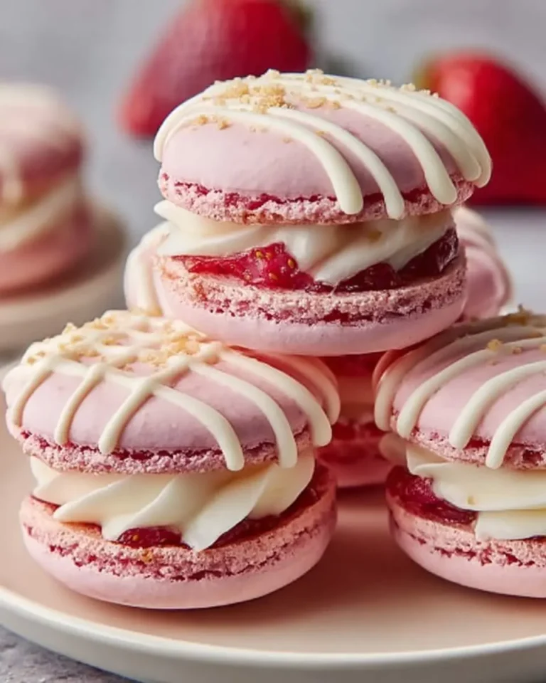 A close-up of a stack of delicious Strawberry Cheesecake Macarons with White Chocolate Drizzle and strawberry filling on a pink plate.