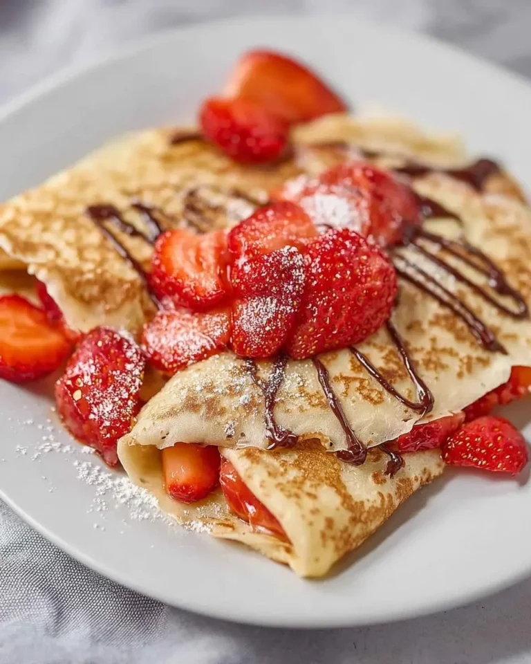Close-up of fluffy strawberry crepes, artfully folded and generously topped with fresh strawberries, chocolate drizzle, and powdered sugar on a white plate.