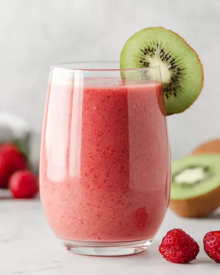 A refreshing strawberry kiwi smoothie in a clear glass, garnished with a kiwi slice, surrounded by fresh strawberries and a kiwi half.