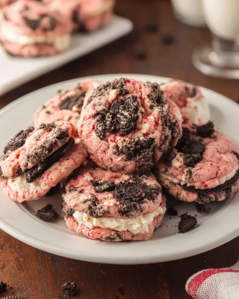 A plate of pink Strawberry Oreo Cheesecake Cookies stacked with cream filling and crushed Oreo toppings.