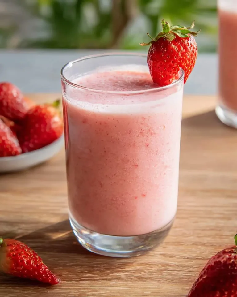 A refreshing glass of strawberry protein smoothie garnished with a fresh strawberry, on a wooden table with more berries.