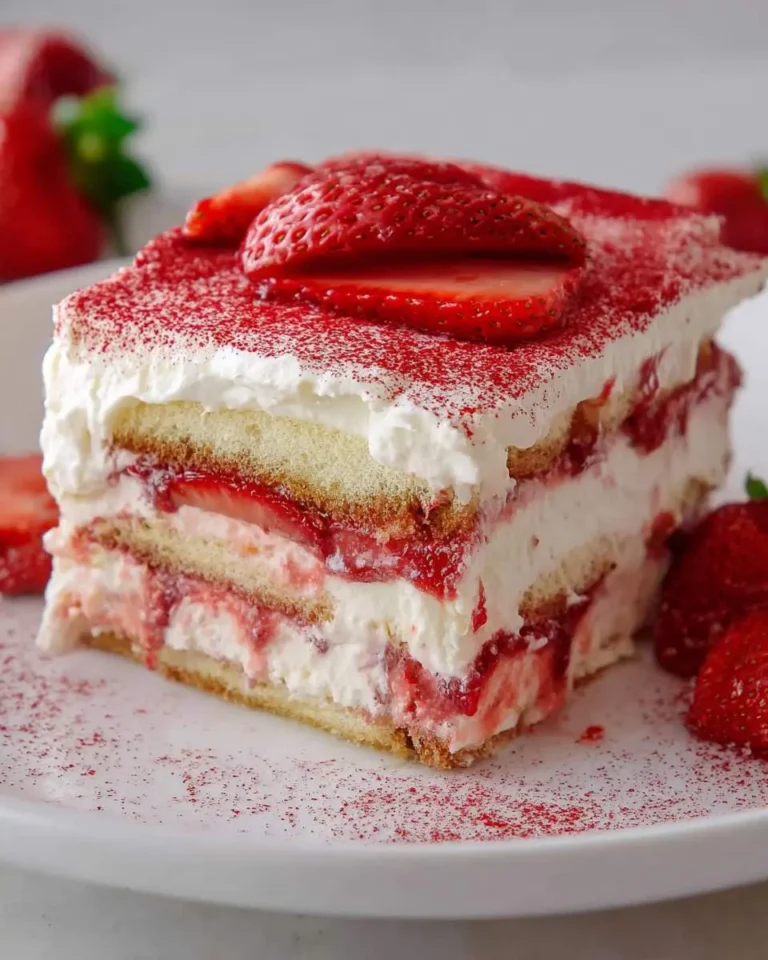 A close-up of a slice of decadent Strawberry Tiramisu with layers of cream, sponge cake, and fresh strawberries, dusted with red powder.