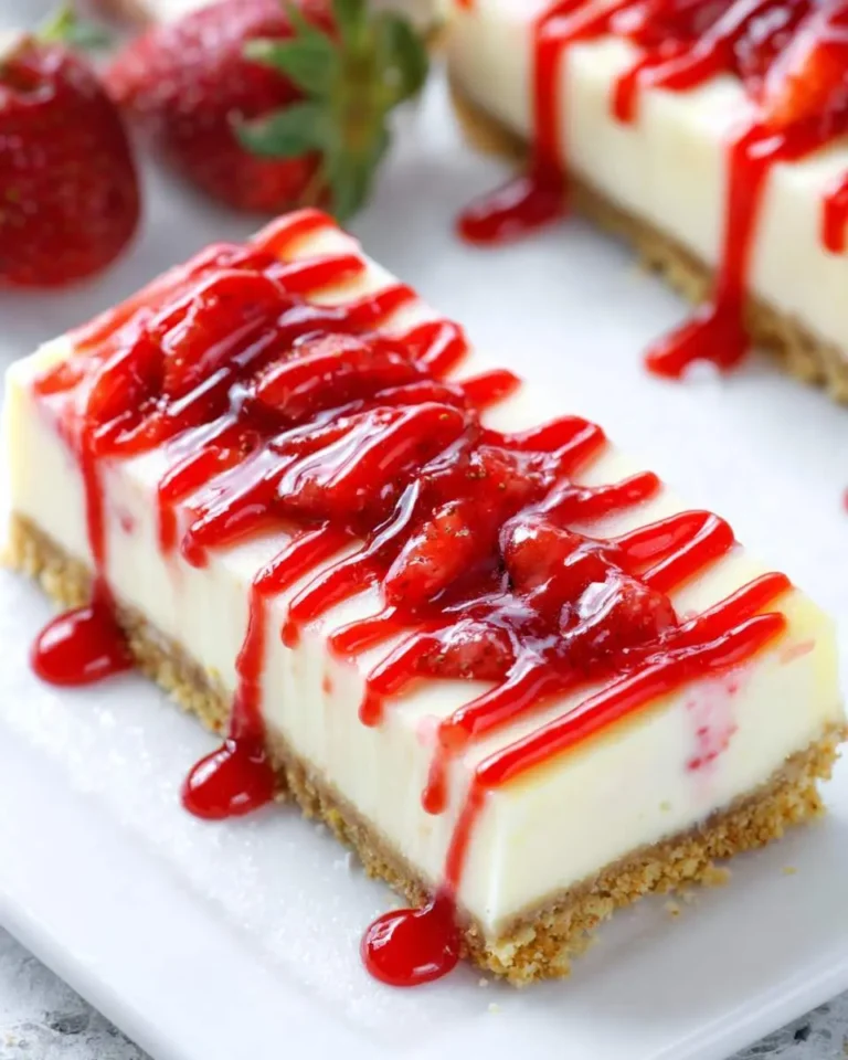 A rectangular slice of Strawberry Topped Cheesecake Dessert with a thick graham cracker crust and sweet strawberry sauce.