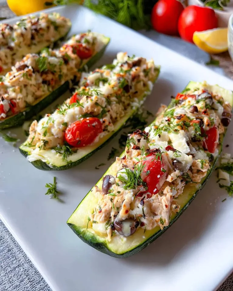 Four healthy Stuffed Zucchini Boats With Chicken, filled with cherry tomatoes, olives, feta, and fresh dill, served on a white plate.
