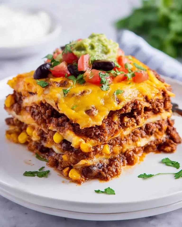 A delicious layered Taco lasagna slice, topped with melted cheese, guacamole, tomatoes, olives, and cilantro.