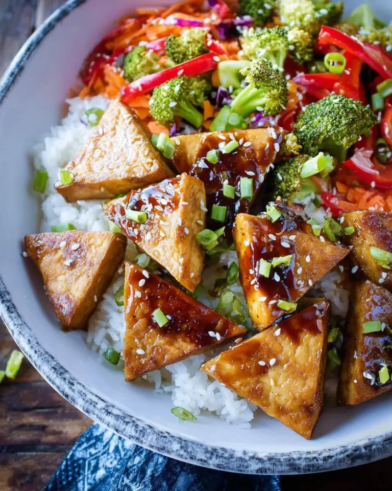 A close-up of a vibrant Teriyaki Tofu Bowl featuring crispy tofu triangles, fluffy white rice, broccoli, red bell pepper, and carrots, garnished with sesame seeds and green onions.