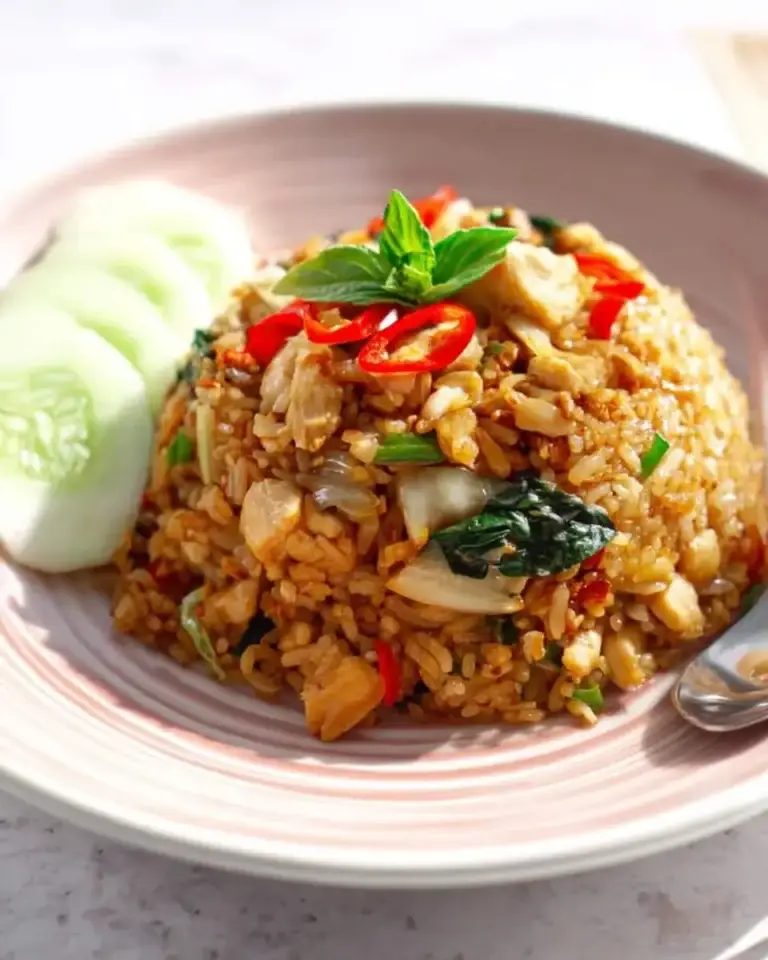 A close-up of a vibrant plate of Thai basil chicken fried rice, garnished with fresh basil, red chilies, and served with cucumber slices.