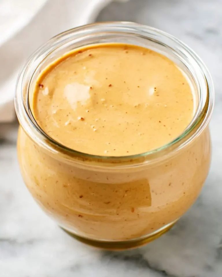 A close-up of a glass jar filled with rich, creamy Thai peanut sauce, ready for dipping or drizzling.
