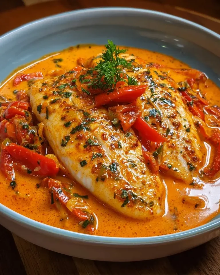 Close-up of two delicious tilapia fillets served in a vibrant, creamy roasted pepper sauce, garnished with fresh herbs in a light blue bowl.