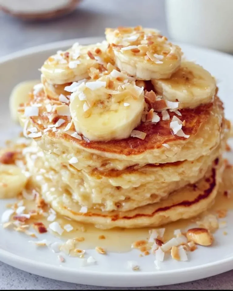 A stack of fluffy toasted coconut banana pancakes adorned with sliced bananas, toasted coconut flakes, and a sweet syrup drizzle.