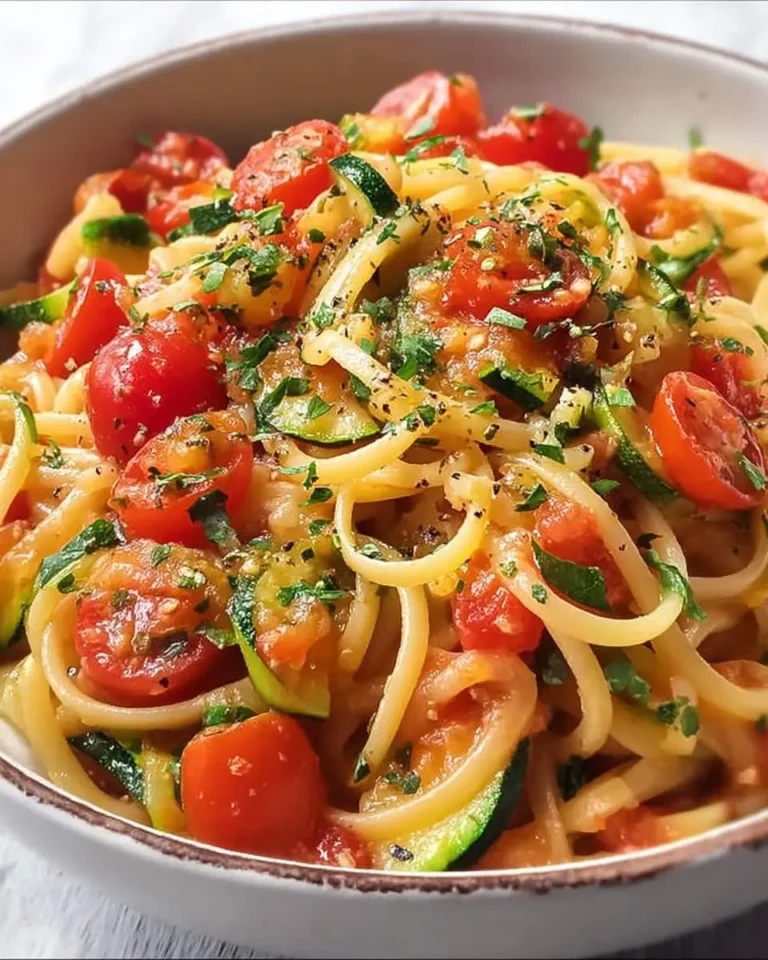 A close-up shot of a vibrant bowl of Tomato Zucchini Pasta, garnished with fresh herbs and black pepper.