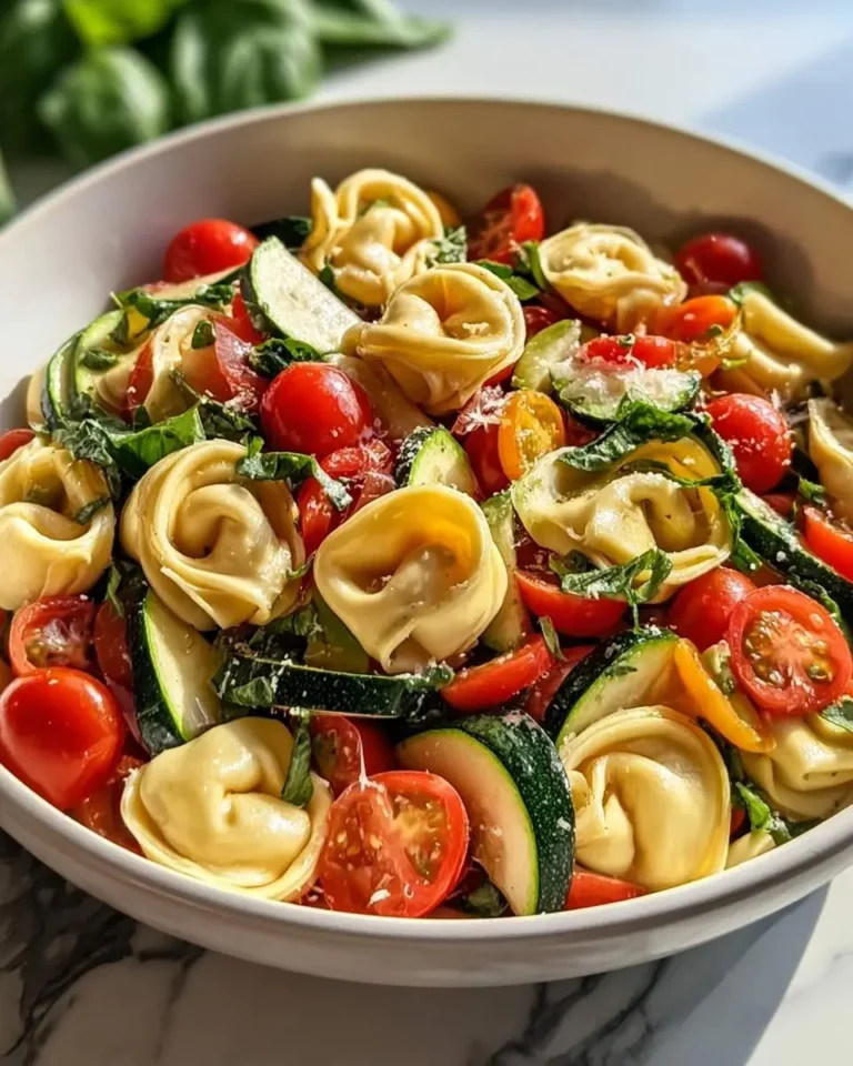 A vibrant bowl of Tortellini with summer vegetables, featuring cherry tomatoes, zucchini, fresh basil, and grated cheese.
