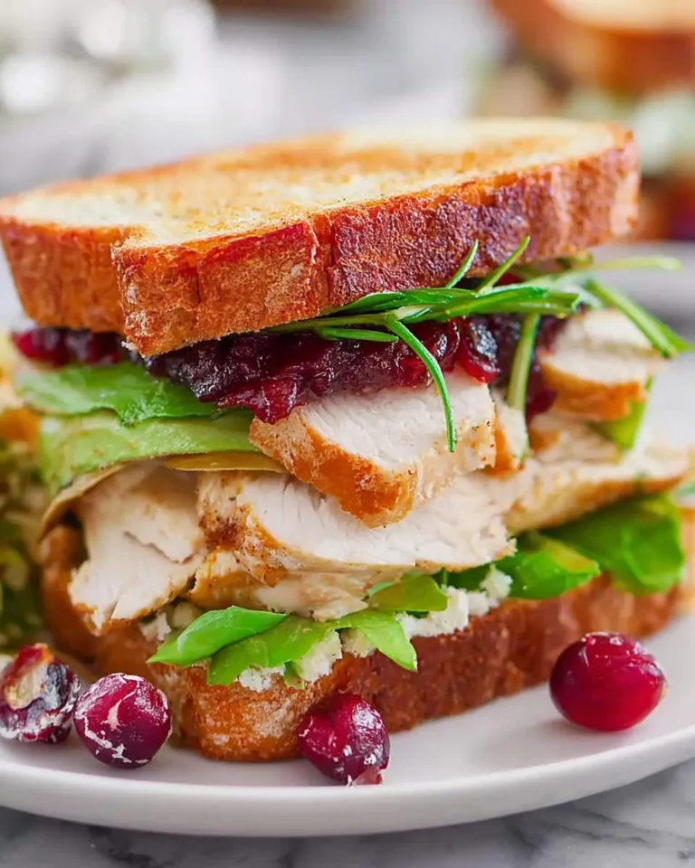 A delicious Turkey Brie Cranberry Sandwich featuring toasted bread, tender turkey, creamy brie, fresh greens, and sweet cranberry sauce.