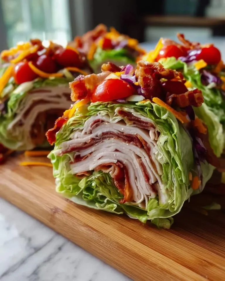 A close-up of several vibrant Turkey Club Lettuce Wraps cut in half, revealing layers of turkey, bacon, and lettuce, garnished with tomatoes and cheese on a wooden board.