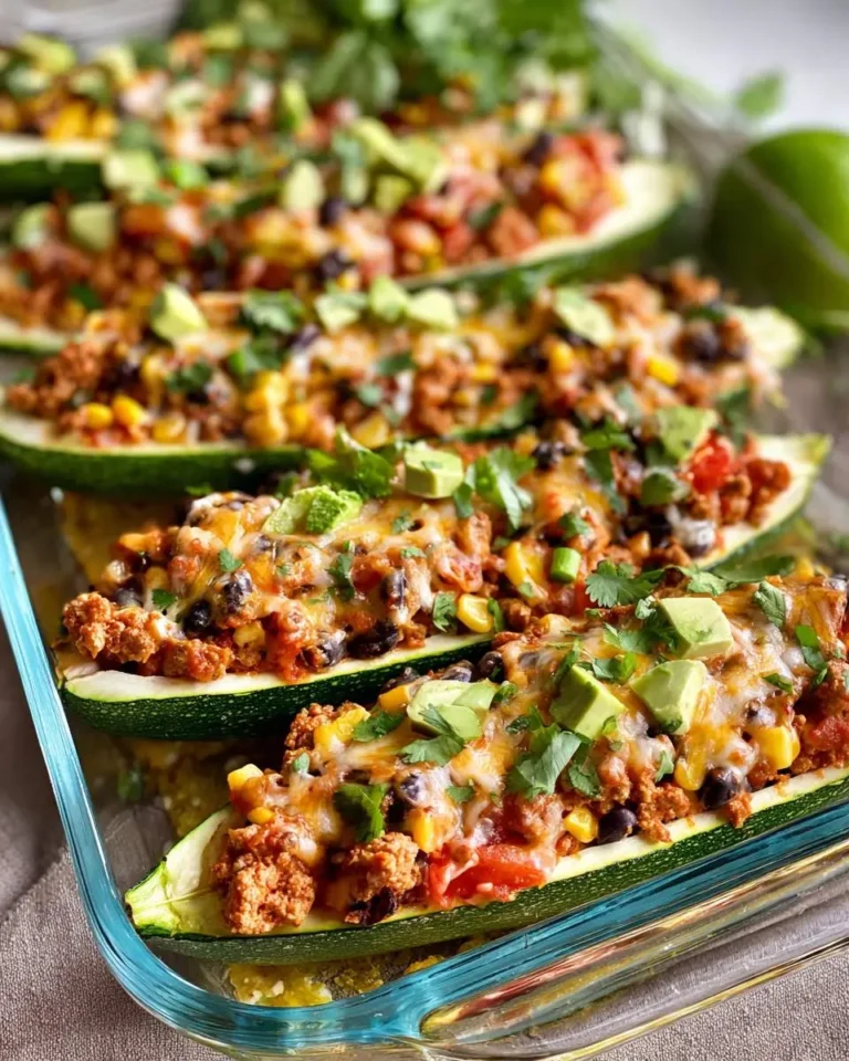 Four delicious Turkey Taco Zucchini Boats filled with ground turkey, black beans, corn, and melted cheese, topped with avocado and cilantro in a baking dish.