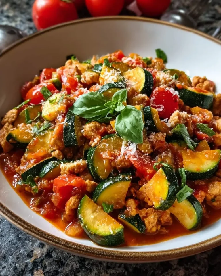 Delicious Turkey Zucchini Skillet featuring ground turkey, vibrant zucchini, tomatoes, fresh basil, and grated parmesan in a rustic bowl.