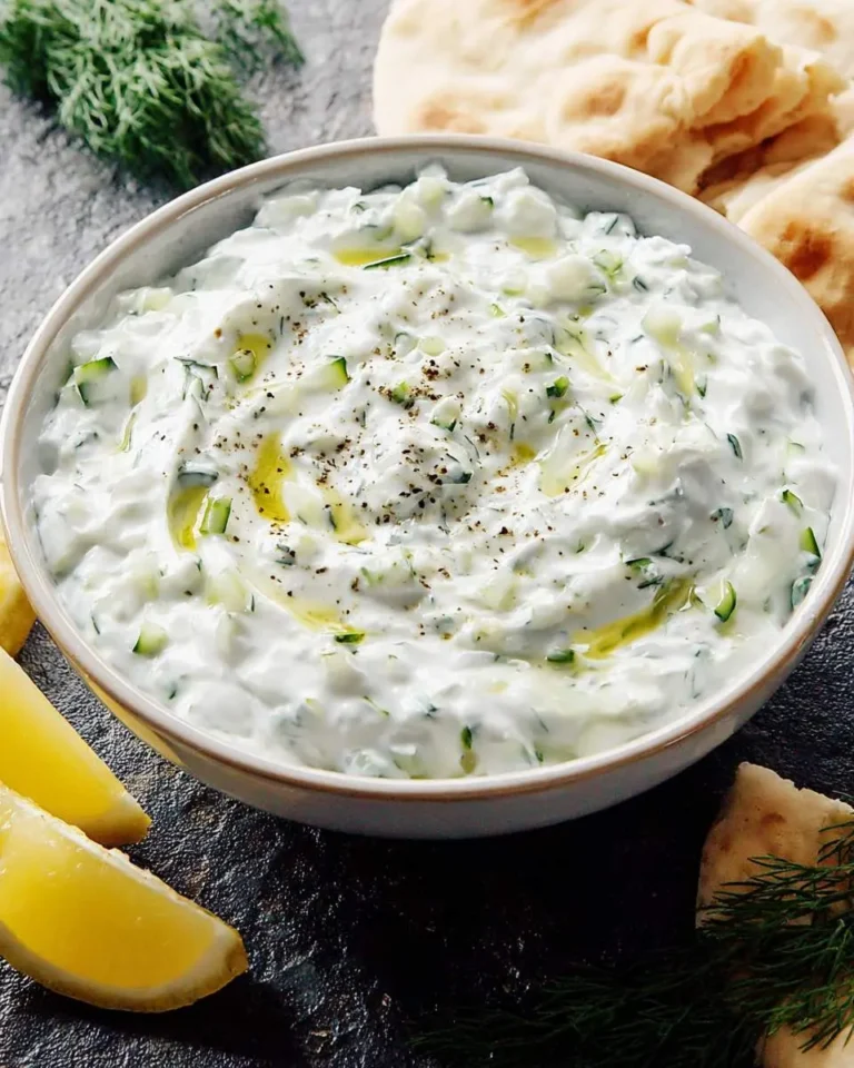 A bowl of fresh Tzatziki Sauce, garnished with olive oil and black pepper, served alongside lemon wedges, fresh dill, and warm pita bread.