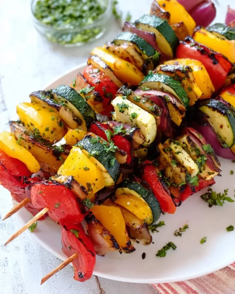 Vibrant grilled vegetable kabobs with colorful bell peppers, zucchini, and red onion, garnished with fresh herbs.