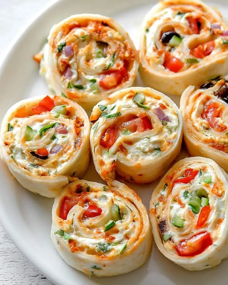 Delicious Veggie Pizza Pinwheels arranged on a white plate, showcasing a vibrant filling of cream cheese, tomatoes, cucumbers, and herbs.