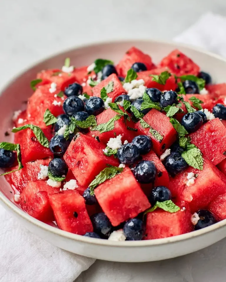 A refreshing bowl of watermelon blueberry salad with feta cheese and fresh mint leaves.