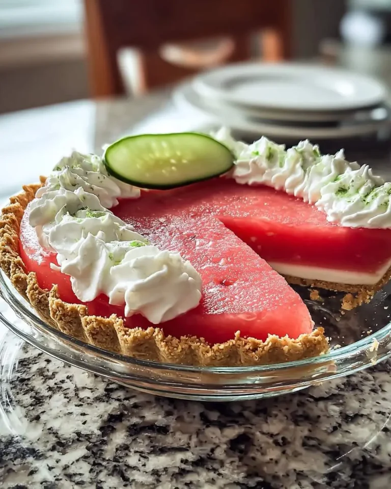 A vibrant watermelon pie with a slice removed, topped with fluffy whipped cream, lime zest, and a cucumber garnish in a glass dish.