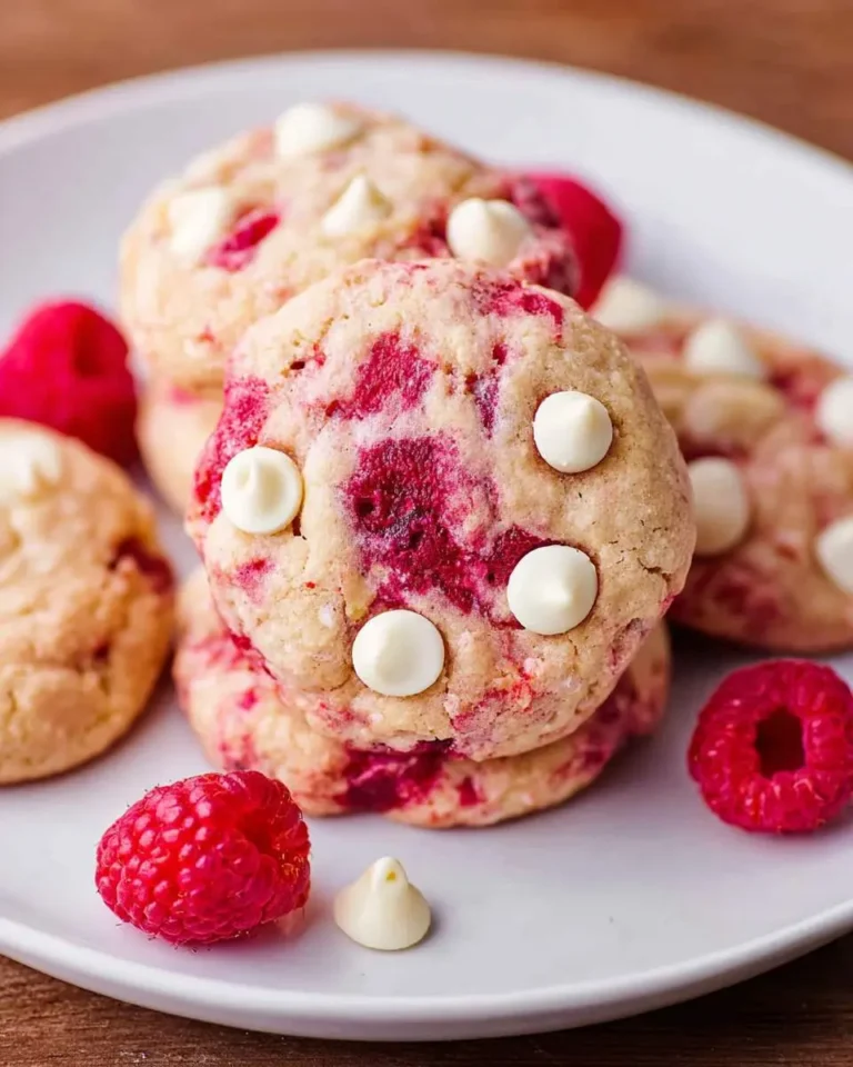 Stack of soft White Chocolate Raspberry Cookies with white chocolate chips and fresh raspberries on a white plate.