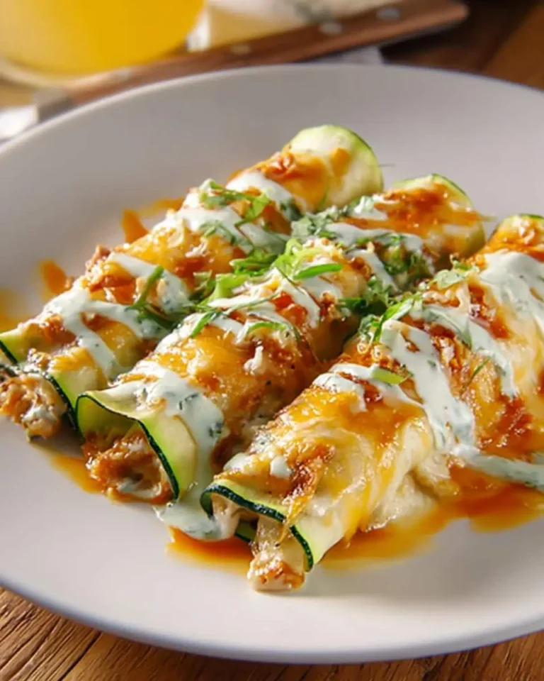 A close-up of three delicious zucchini enchiladas on a white plate, topped with melted cheese, red sauce, creamy green sauce, and fresh herbs.