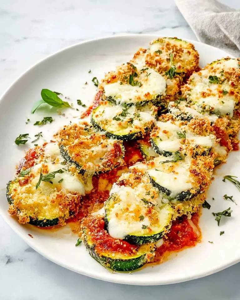 Baked Zucchini Parmesan slices topped with melted mozzarella cheese, marinara sauce, and fresh herbs on a white plate.