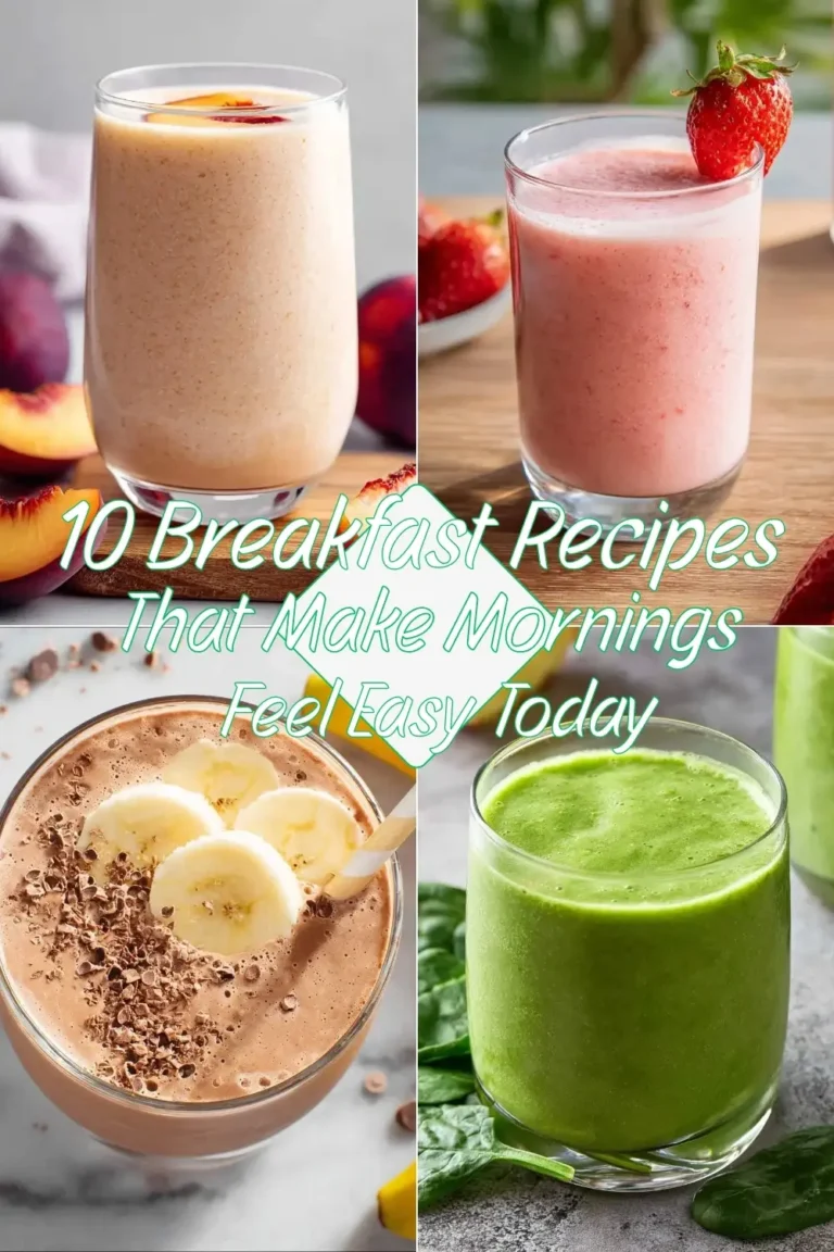 Four colorful fruit smoothies in glasses including peach, strawberry, chocolate banana, and green spinach varieties for breakfast.