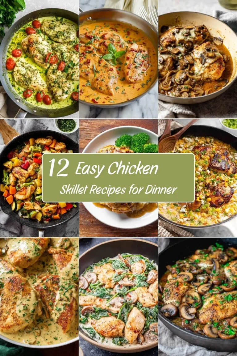 Collage of nine chicken skillet dishes showcasing 12 Easy Chicken Skillet Recipes for Dinner with creamy sauces and vegetables.