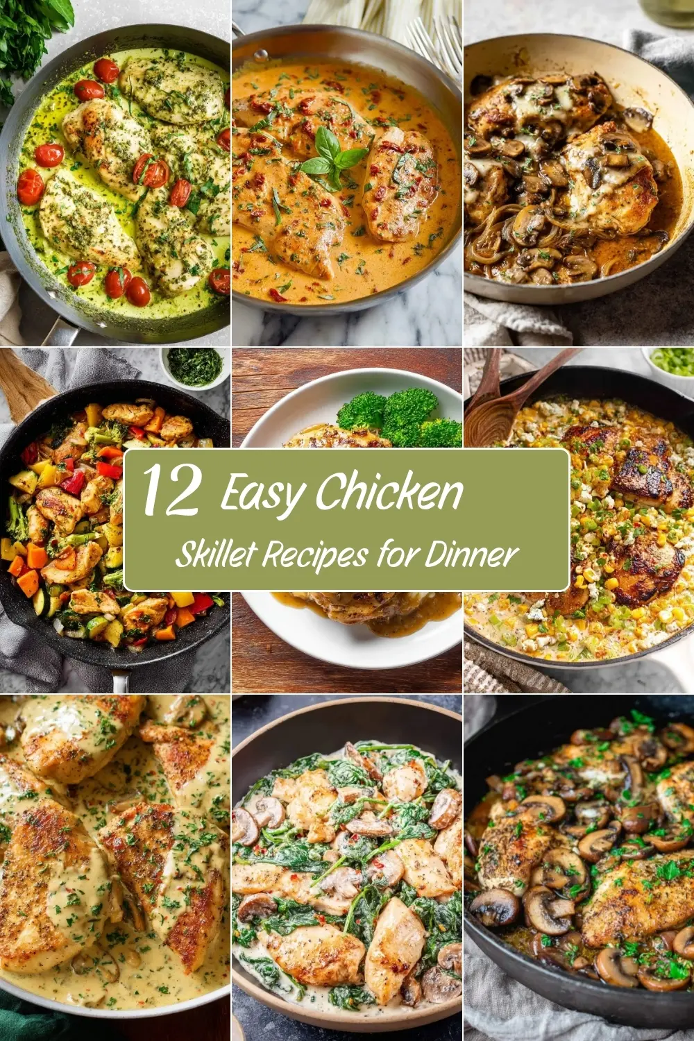 Collage of nine chicken skillet dishes showcasing 12 Easy Chicken Skillet Recipes for Dinner with creamy sauces and vegetables.