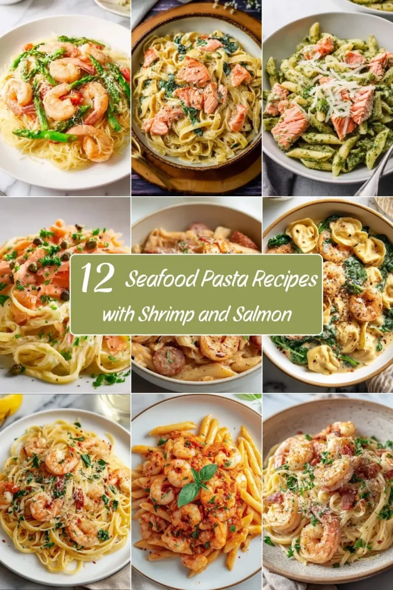 Collage of nine seafood pasta dishes featuring shrimp and salmon recipes in various creamy and tomato-based sauces.