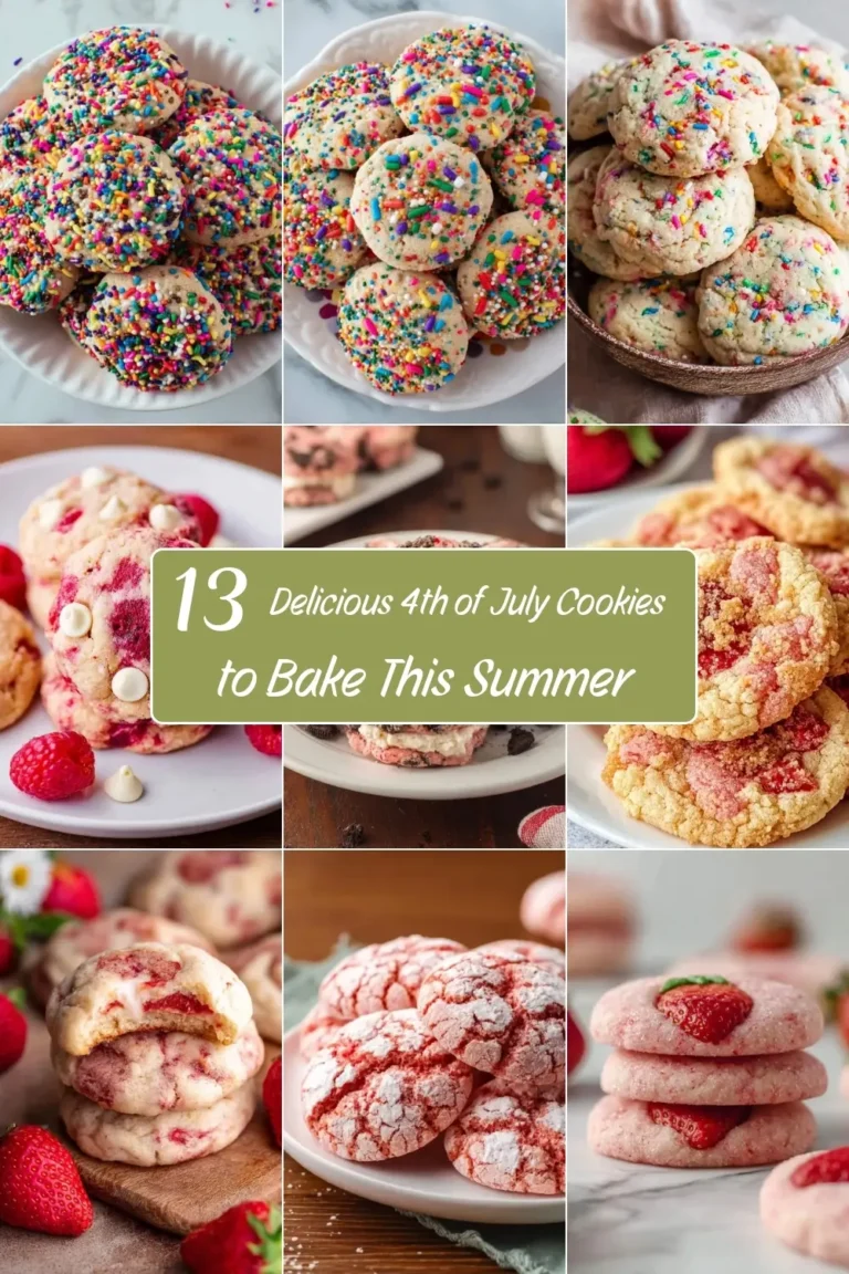 Collage of colorful patriotic cookies including sprinkle-covered and strawberry-flavored treats for 4th of July baking.