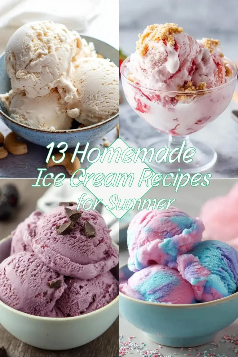 Collage of four homemade ice cream flavors including peanut butter, strawberry cheesecake, purple berry, and cotton candy for summer recipes.