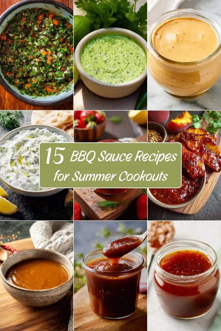 Collage of nine homemade BBQ sauces and condiments featuring the title 15 BBQ Sauce Recipes for Summer Cookouts.