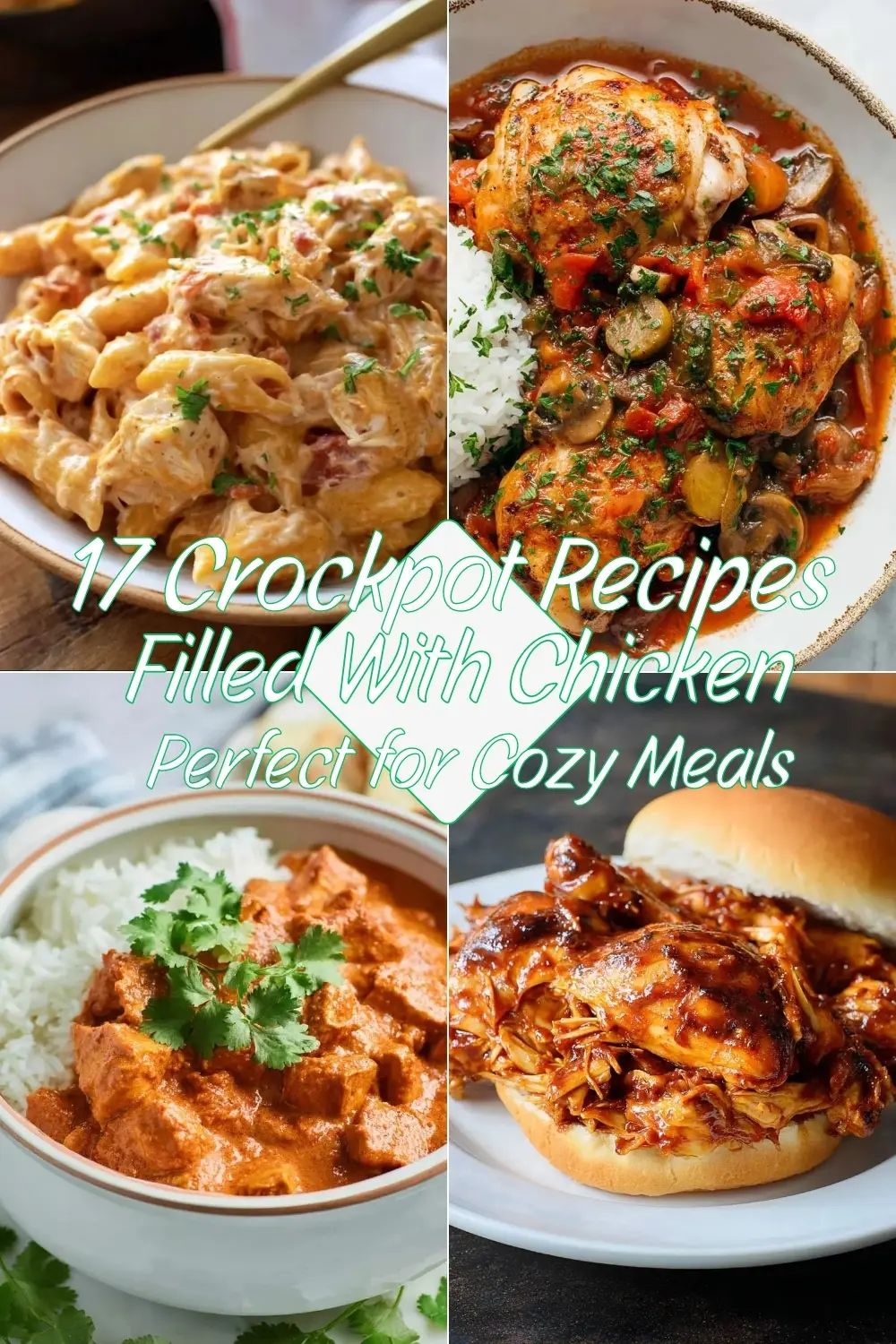 Collage of four slow cooker chicken dishes including creamy pasta, cacciatore, curry, and pulled chicken sandwiches for 17 Easy Slow Cooker Chicken Dishes.