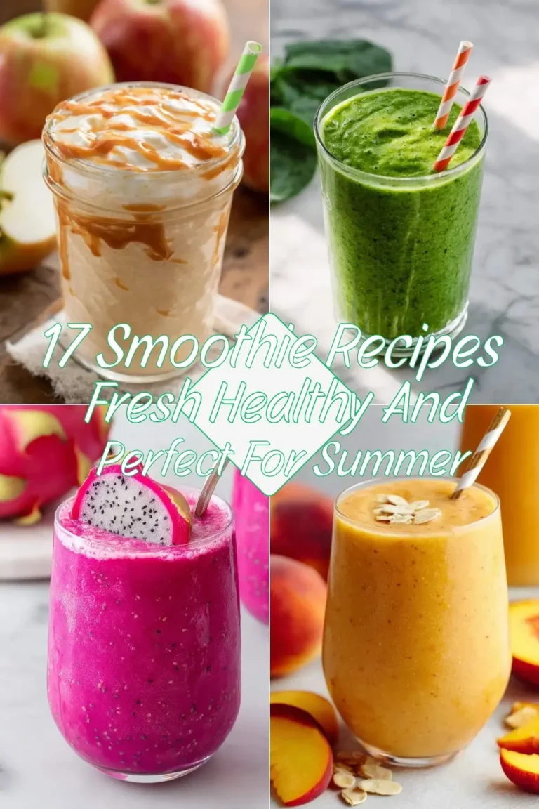 Four colorful summer smoothies in a collage promoting 17 Healthy Smoothie Recipes for a Summer Boost.